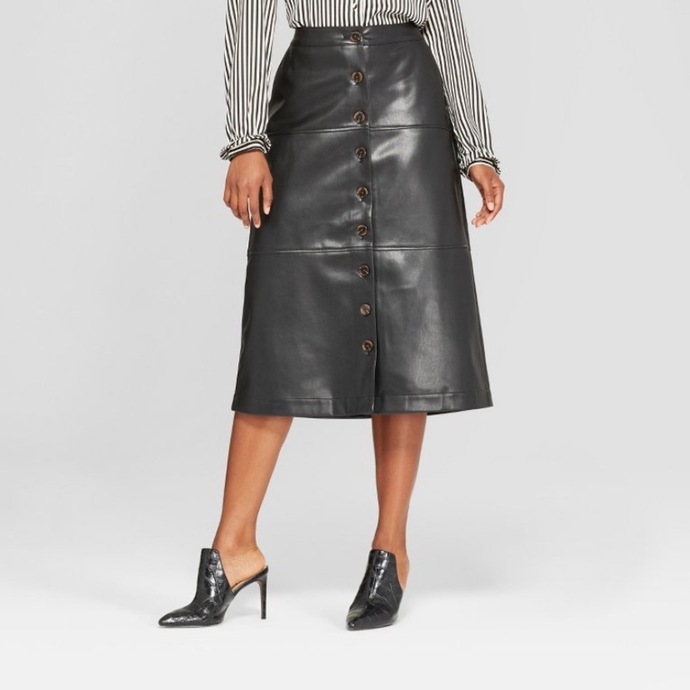 Black A-line leather skirt